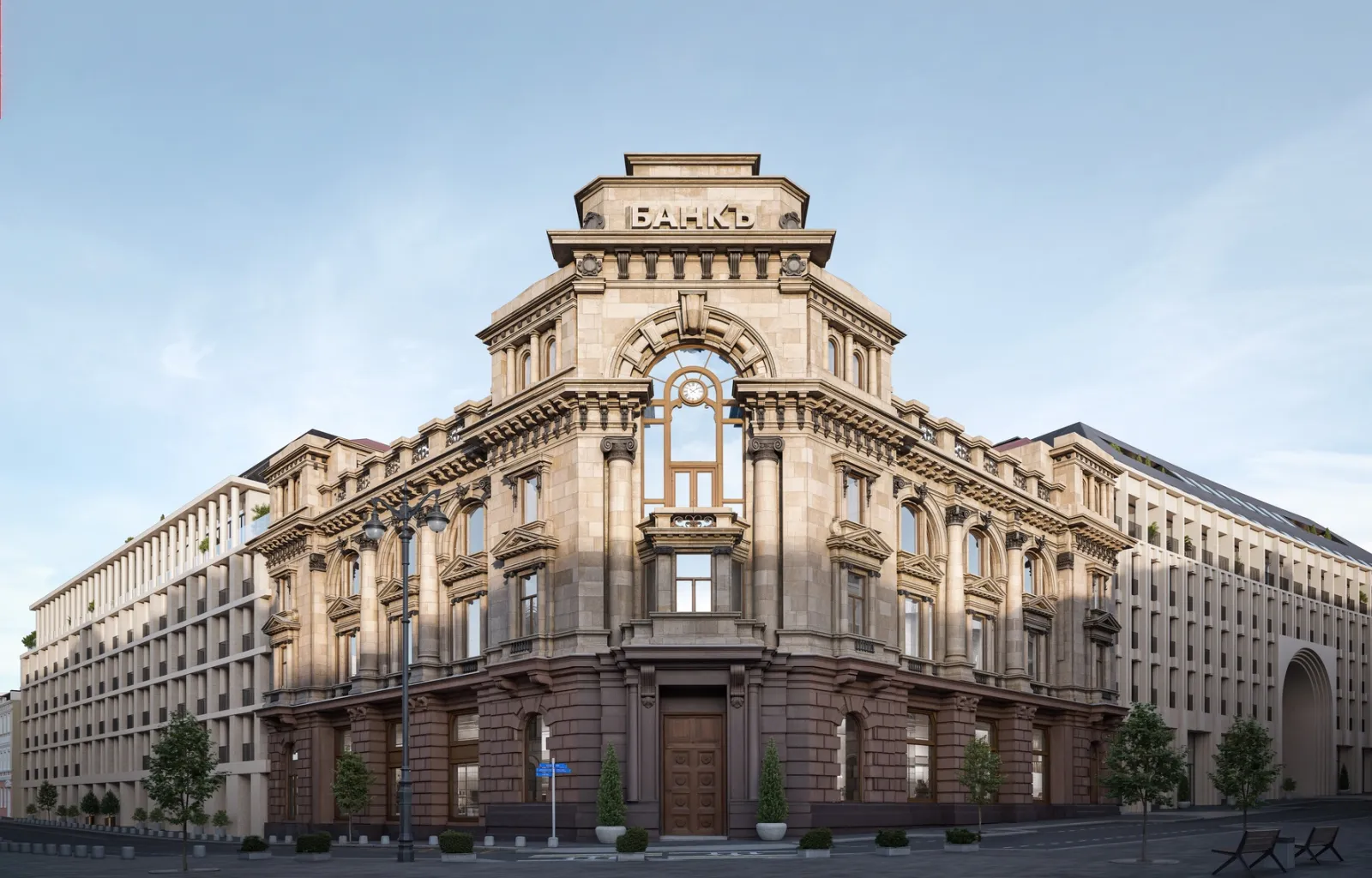 Исторический банковский фасад Рождественки 8, рендер проекта